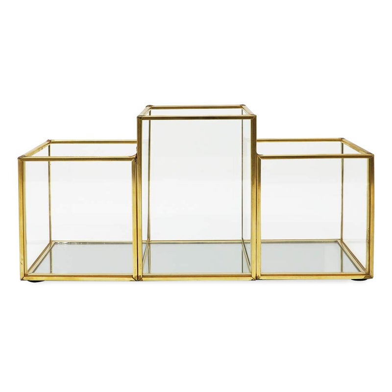 Isaac Jacobs 3-Compartment Makeup Brush Holder, Vintage Style Brass and Glass Organizer, (9.3â€ L x 3.1" W x 4.5" H) Storage Solution with Mirror Base & Taller Center Slot, for Makeup, Crafts, & More - Image 4